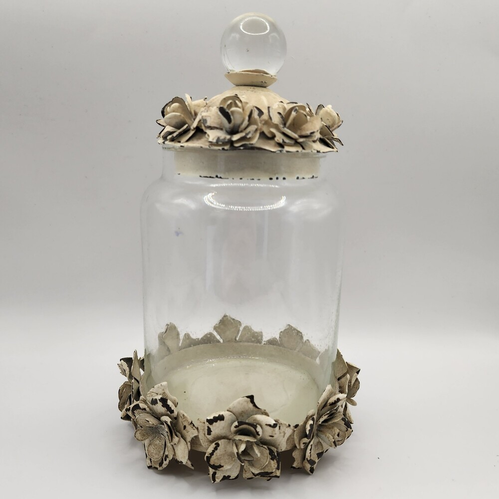 Shabby Chic Cream Glass Apothecary Jar Distressed Cast Metal Flower Base Lid 8"